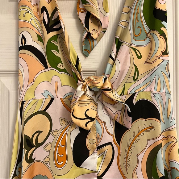 Zara Retro/Y2K Tie Front Paisley Floral Satin Halter Sleeveless Midi Slip Dress - Picture 8 of 16